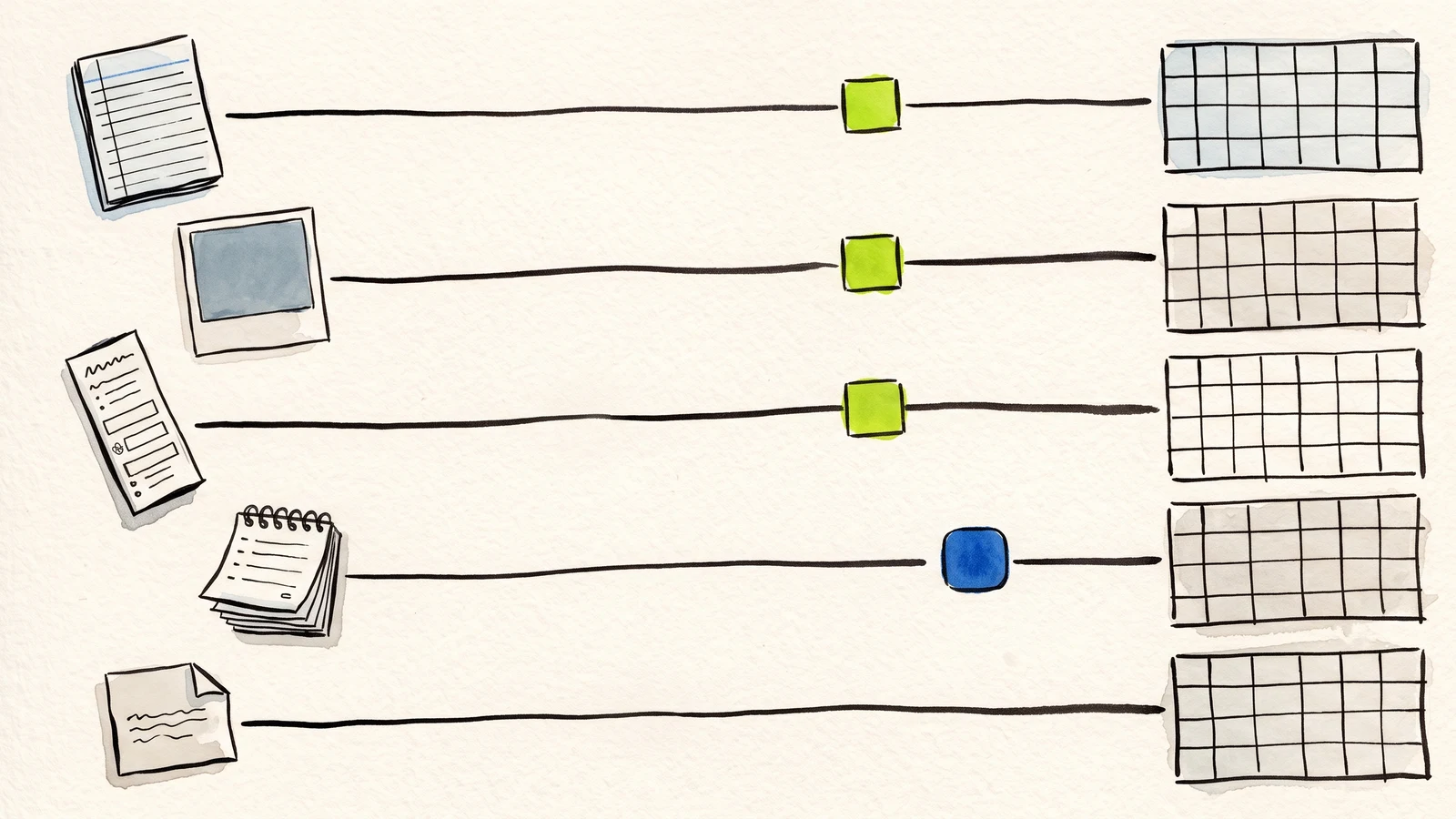 Five short routes drawn in ink and watercolour, each running from a different small record - a ruled page, a photograph, a sign-up list, an order pad - into its own small ruled grid